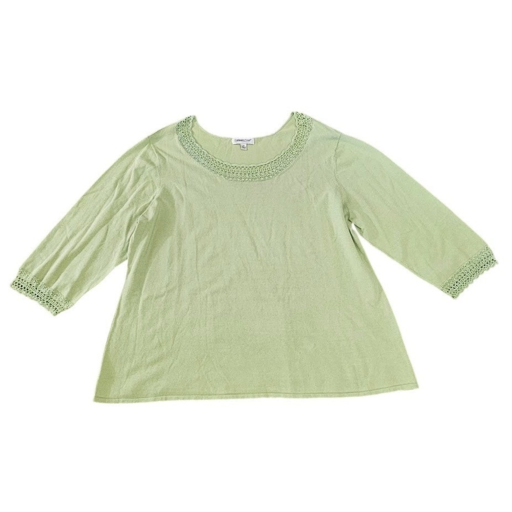Coldwater Creek Womens 3X Sage Green Silk Blend Crochet Lace Trim Top